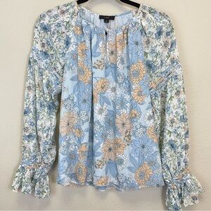 J. Crew‎ Blue Floral Chiffon Long Sleeve Blouse Size M